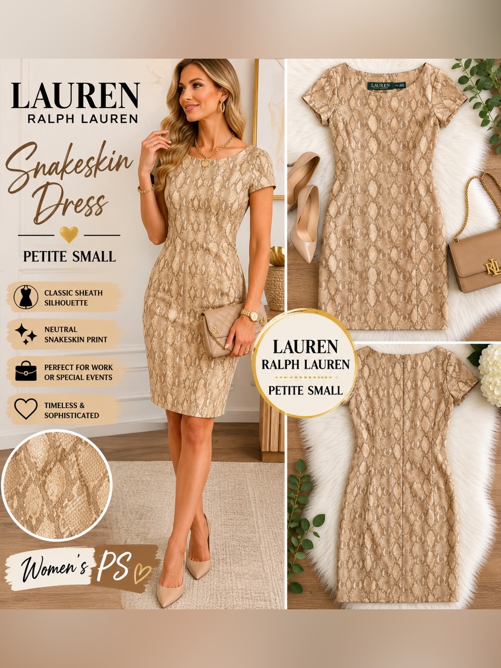 Lauren Ralph Lauren Snakeskin Print Sheath Dress Petite Small Beige Tan
